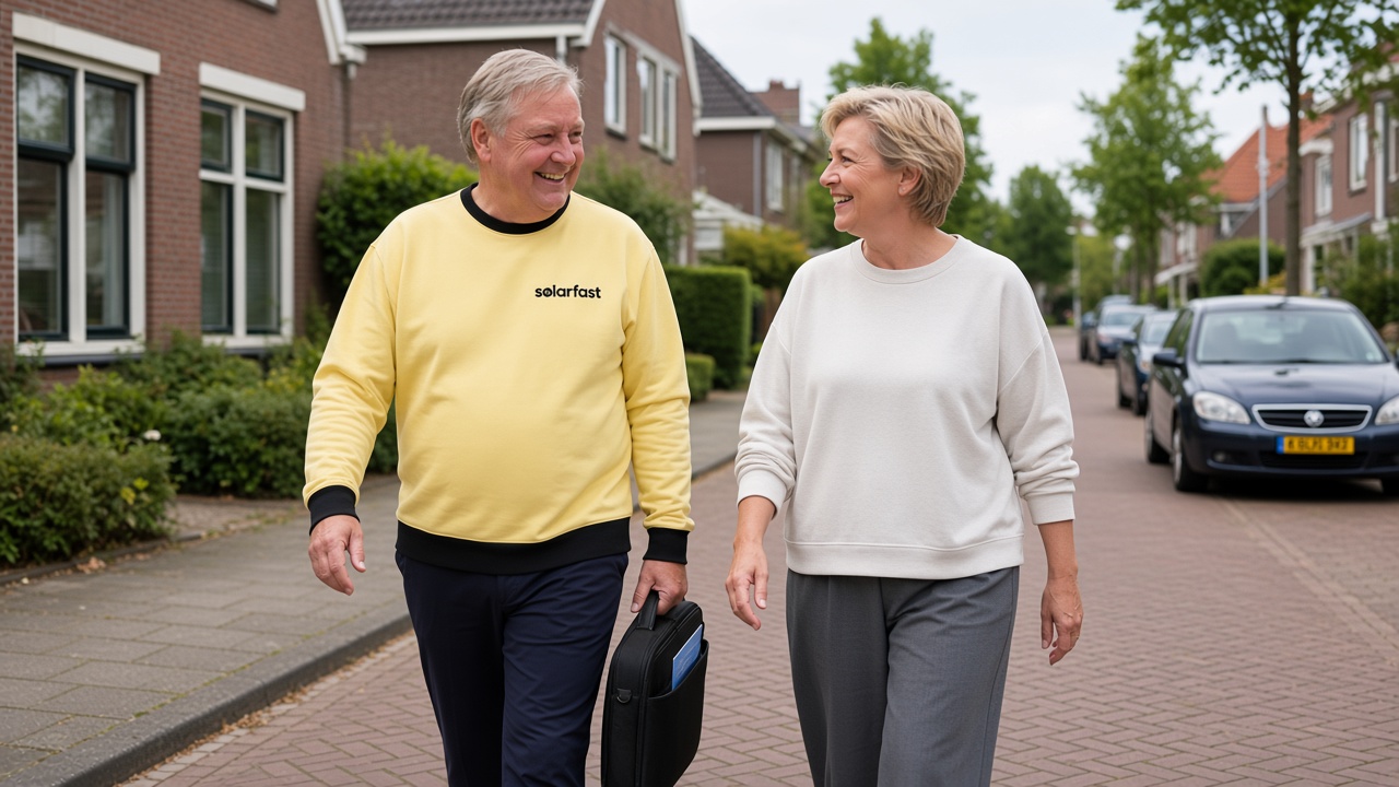 Een SolarFast-adviseur en een bewoonster lopen samen over straat