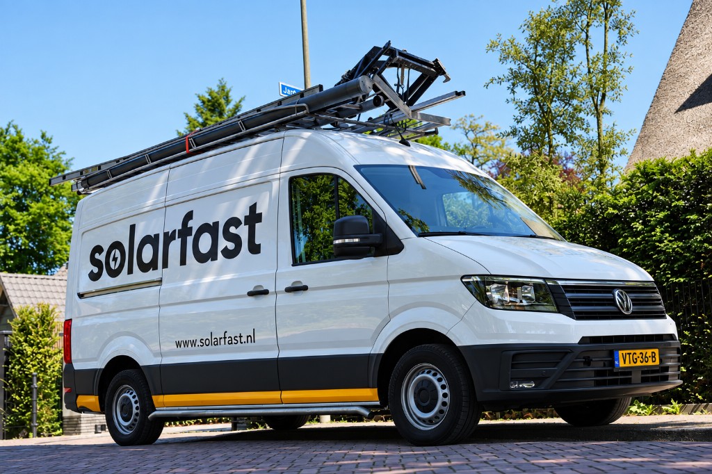 A white SolarFast van with a ladder on the roof