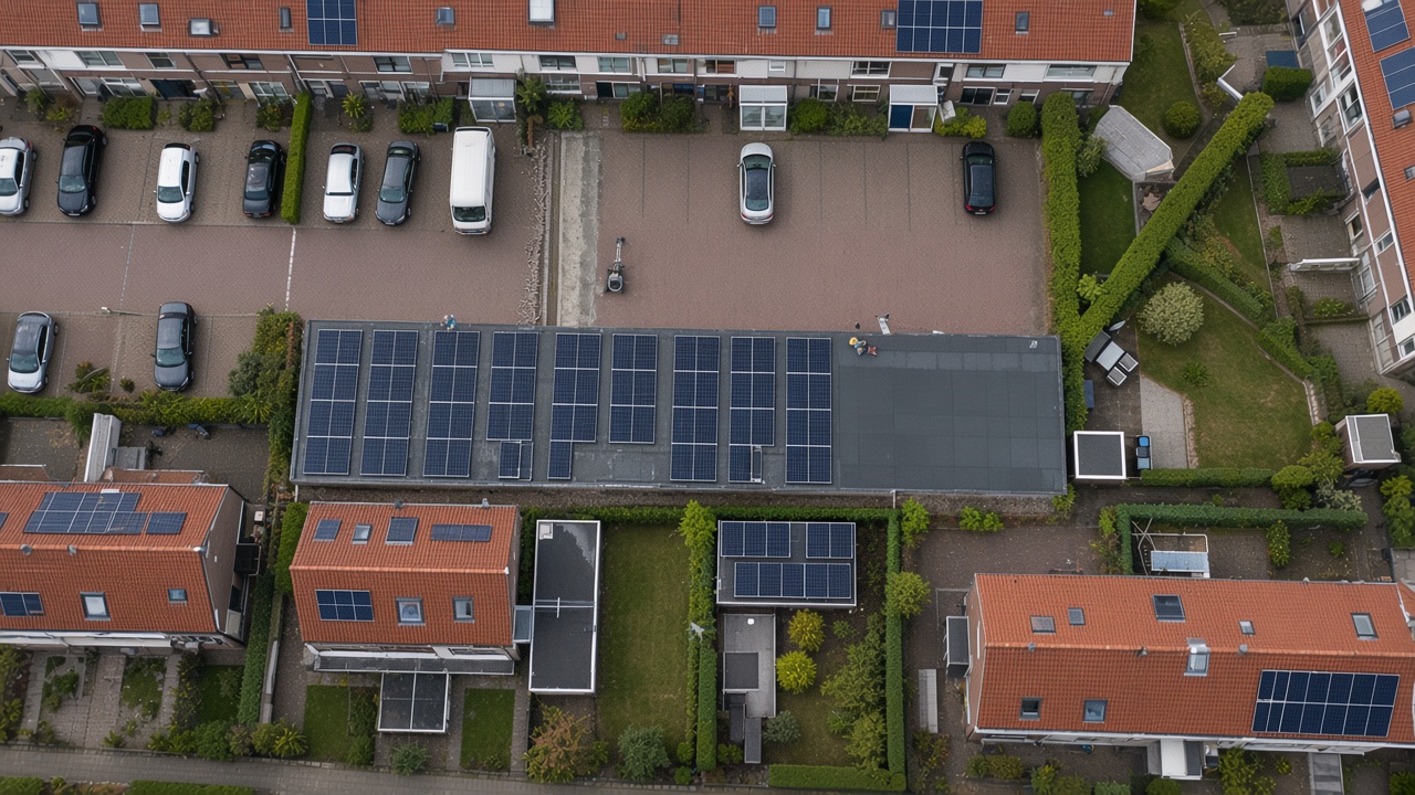 Aerial photo of a SolarFast solar panel project in a residential neighbourhood in Blaricum