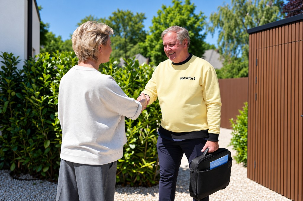 Een SolarFast-adviseur en een bewoner schudden elkaar de hand