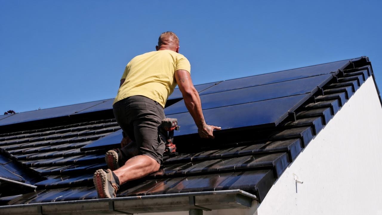 Een SolarFast-monteur legt zonnepanelen op een dak