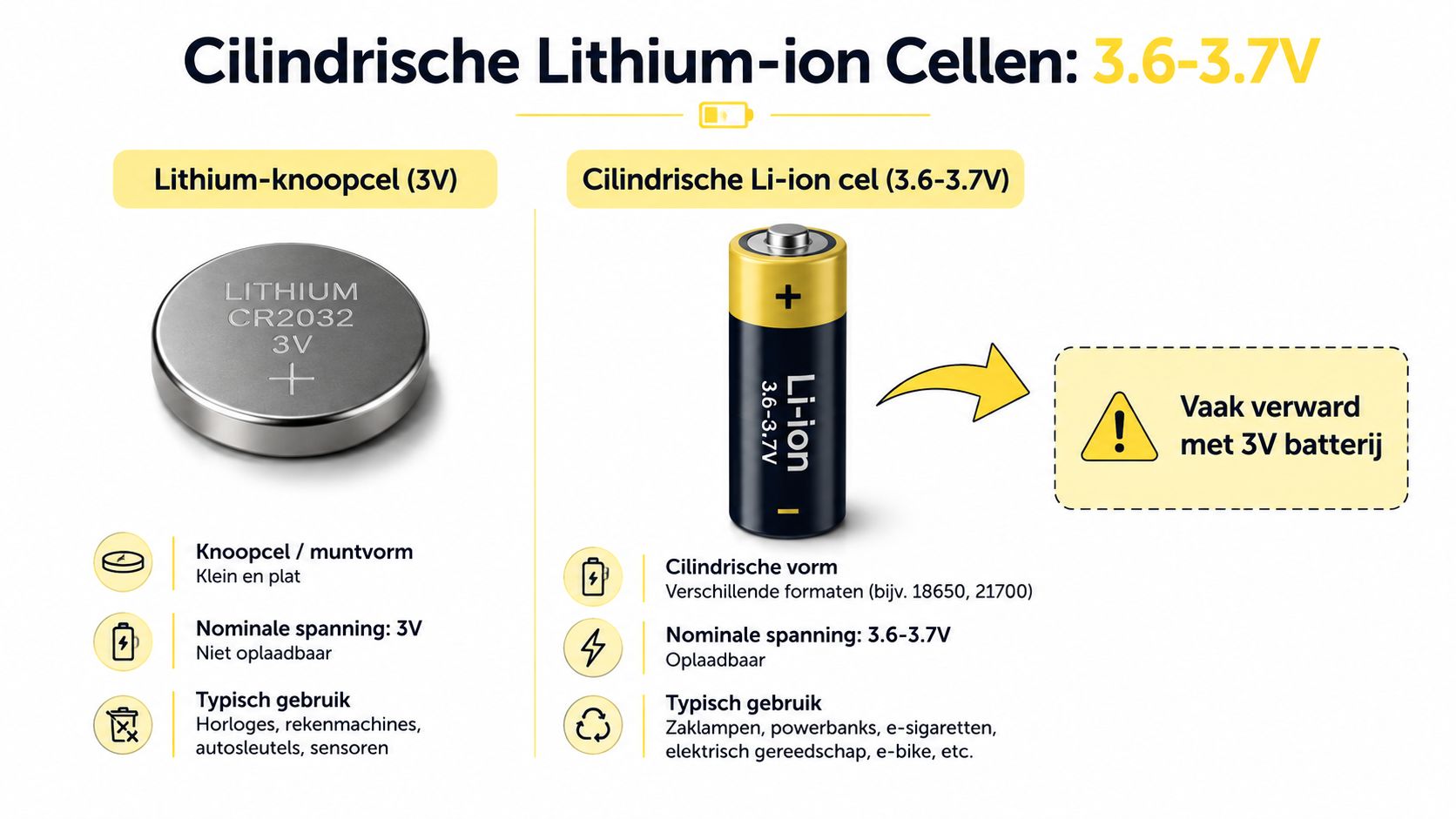Vergelijking tussen een lithium-knoopcel van 3V en een oplaadbare cilindrische lithium-ion batterij van 3,6-3,7V.