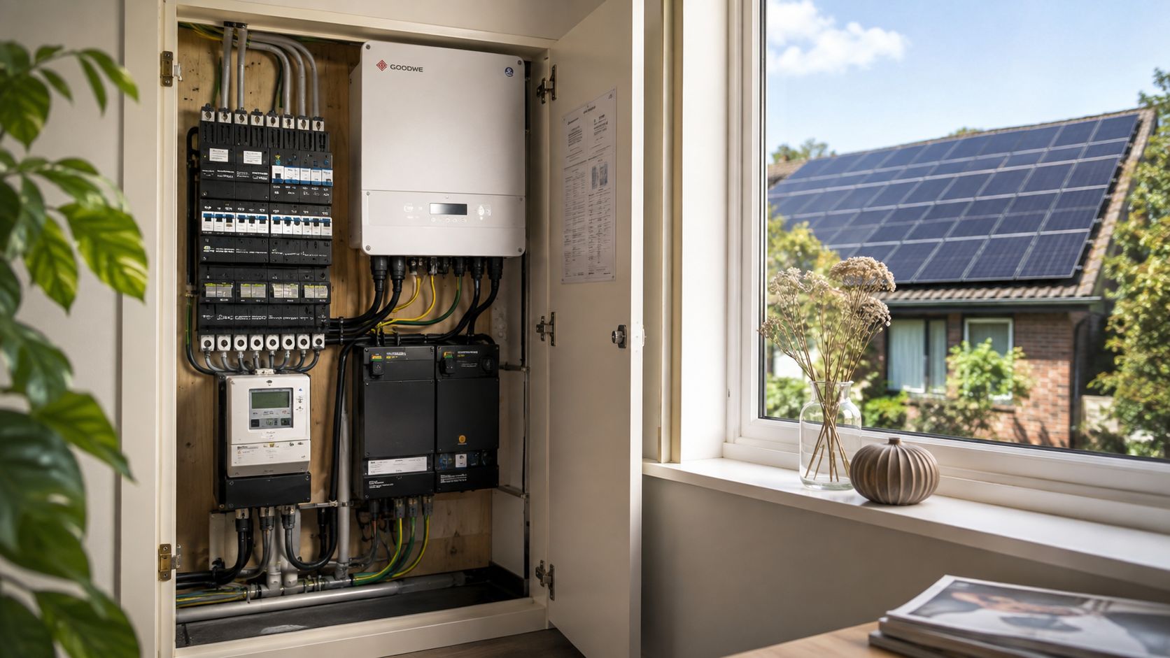 Een moderne meterkast met een omvormer voor zonnepanelen en een slimme energiemeter in een woning.