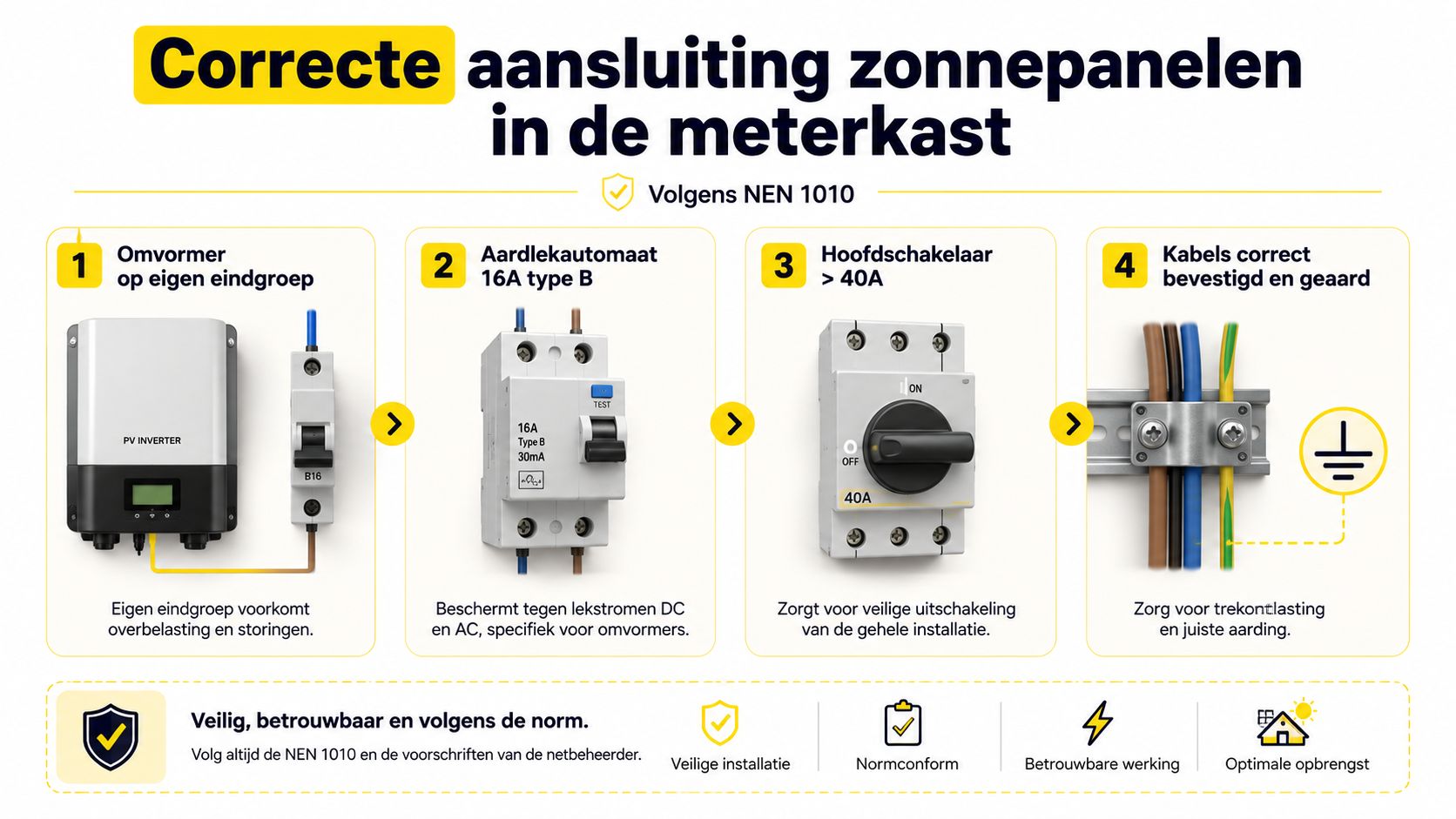 Een informatieve infographic over de juiste aansluiting van zonnepanelen in de meterkast volgens de NEN 1010 norm.