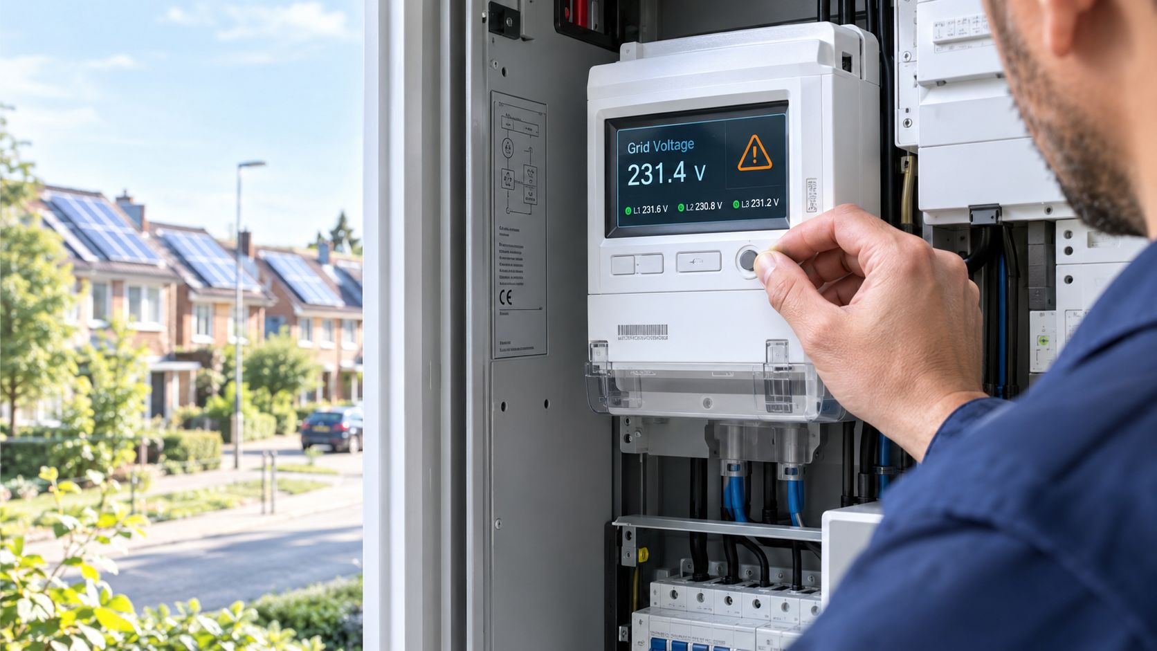 Een technicus controleert de elektrische meter van een zonnepaneelsysteem in een meterkast met zicht op woonhuizen.