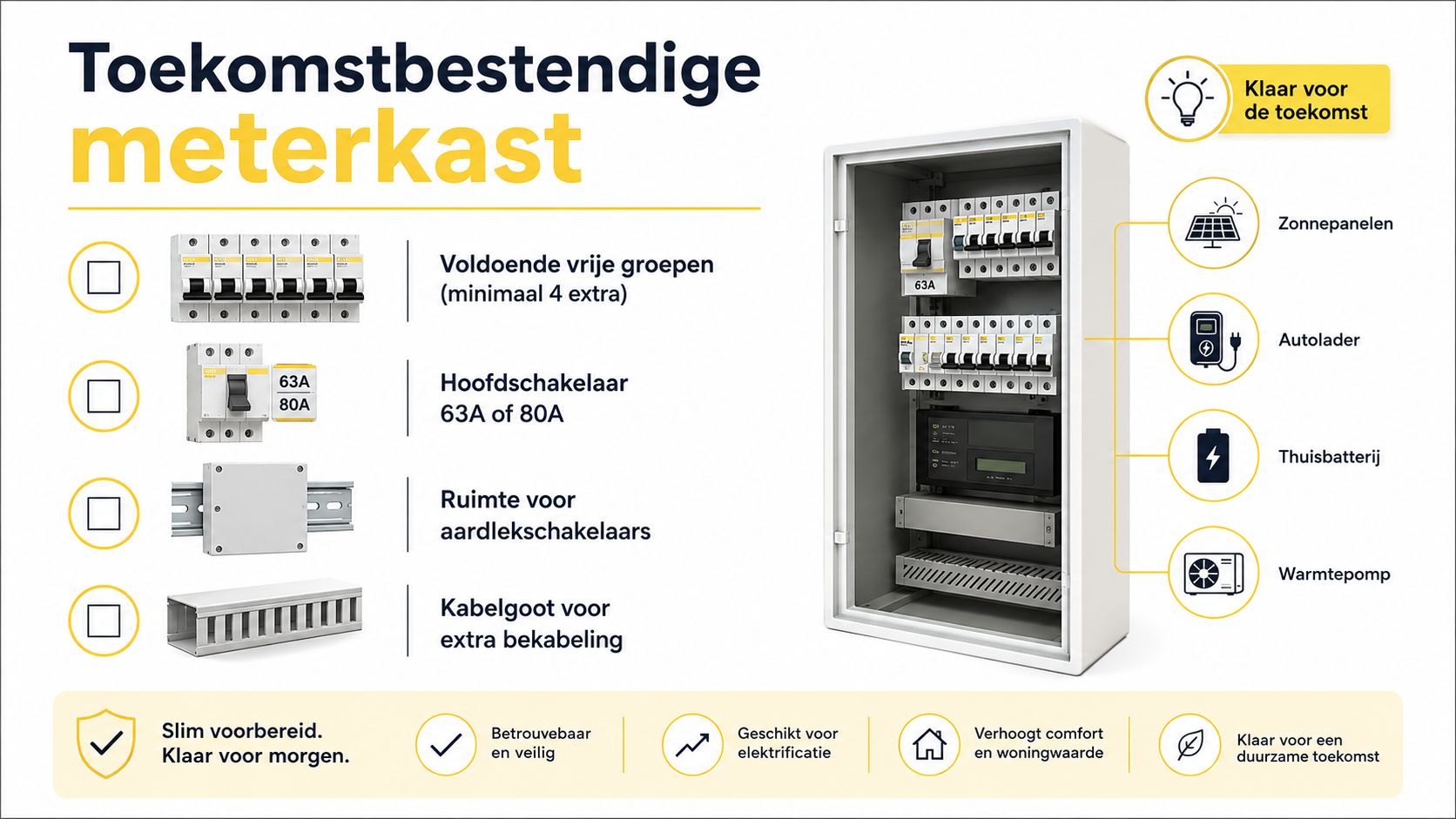 Een overzicht van een toekomstbestendige meterkast voorbereid op zonnepanelen, autoladers, thuisbatterijen en warmtepompen.