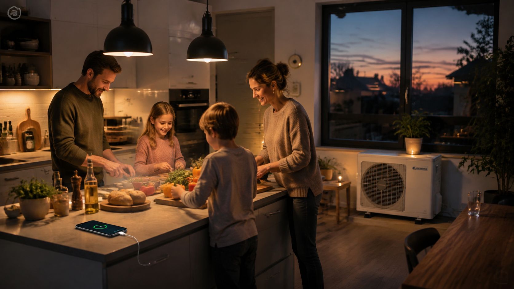 Een gezin kookt samen in een gezellige, sfeervol verlichte keuken tijdens het vallen van de avond.