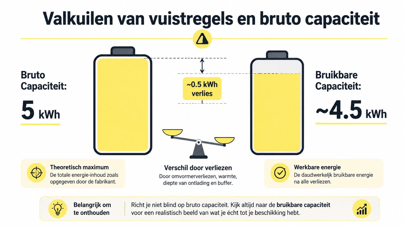 Een infographic die het verschil uitlegt tussen bruto capaciteit en bruikbare capaciteit van een thuisbatterij.
