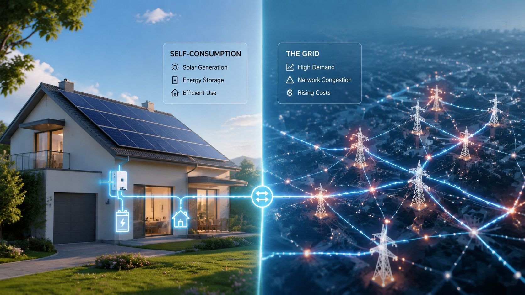Een huis met zonnepanelen en batterij tegenover een elektriciteitsnet, wat zelfconsumptie en energie-efficiëntie illustreert.