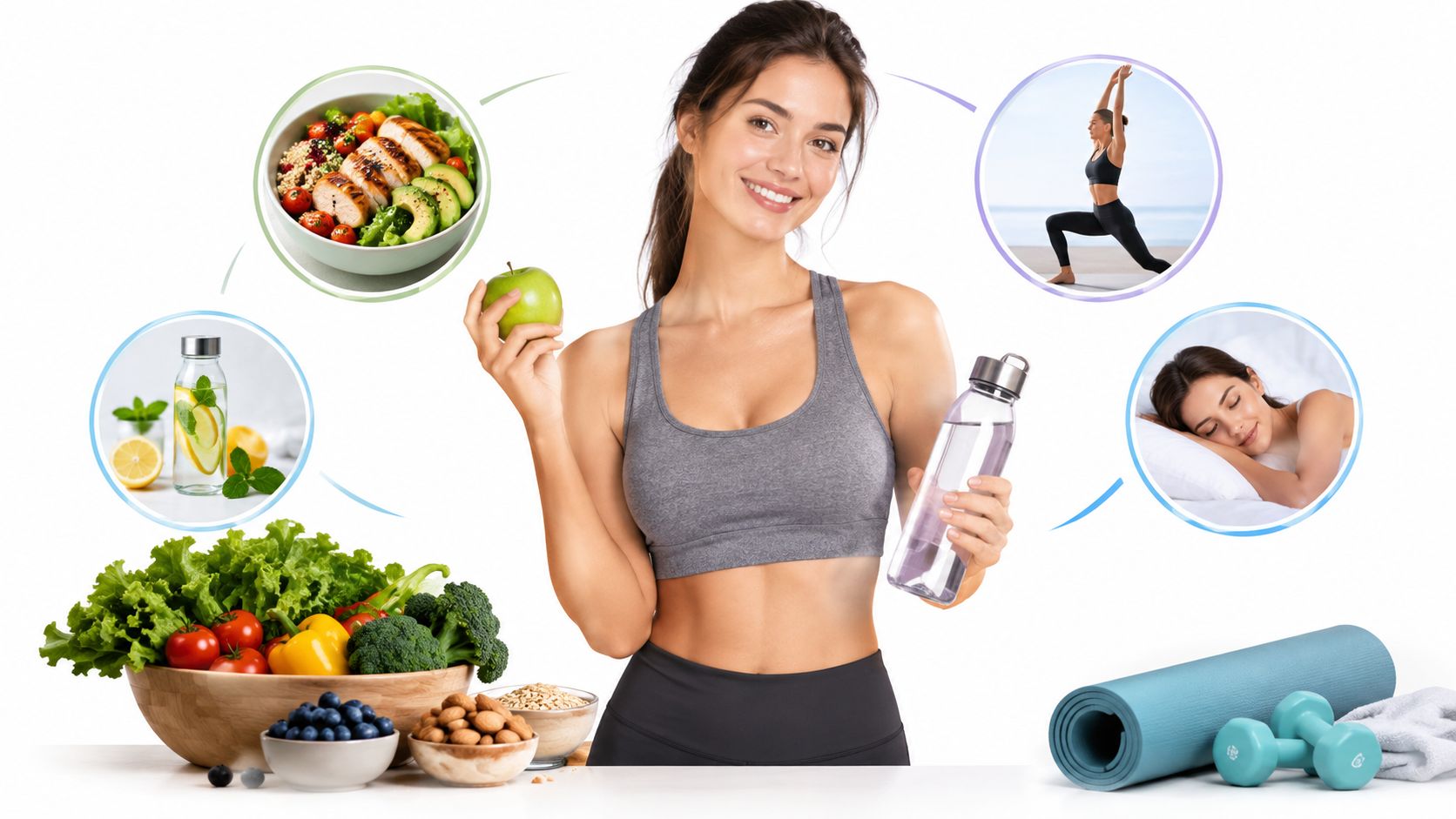 Een gezonde vrouw houdt een appel en waterfles vast met iconen van voeding, sport en slaap.