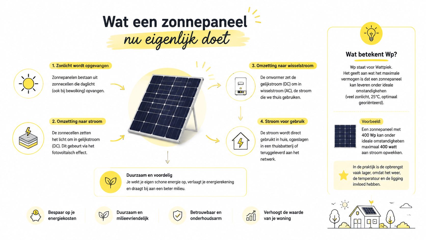 Een infographic die stapsgewijs uitlegt hoe zonnepanelen werken, van zonlichtopvang tot het gebruik van elektriciteit in huis.
