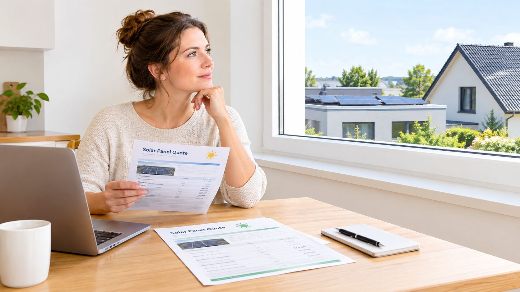 Een vrouw kijkt dromerig uit het raam terwijl ze een offerte voor zonnepanelen in haar handen houdt.