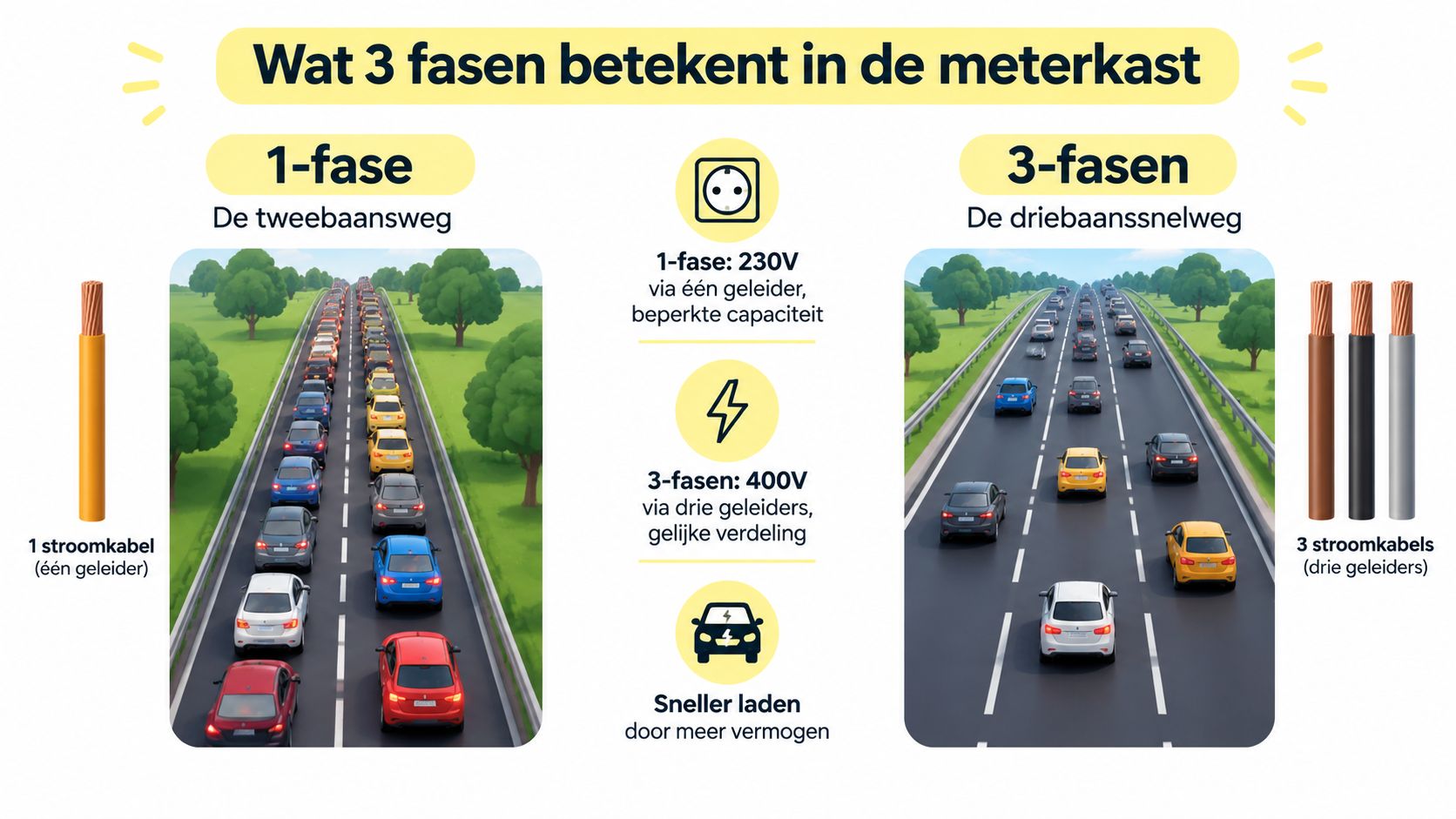 Een vergelijking tussen een 1-fase en 3-fasen aansluiting voor het sneller opladen van elektrische voertuigen thuis.