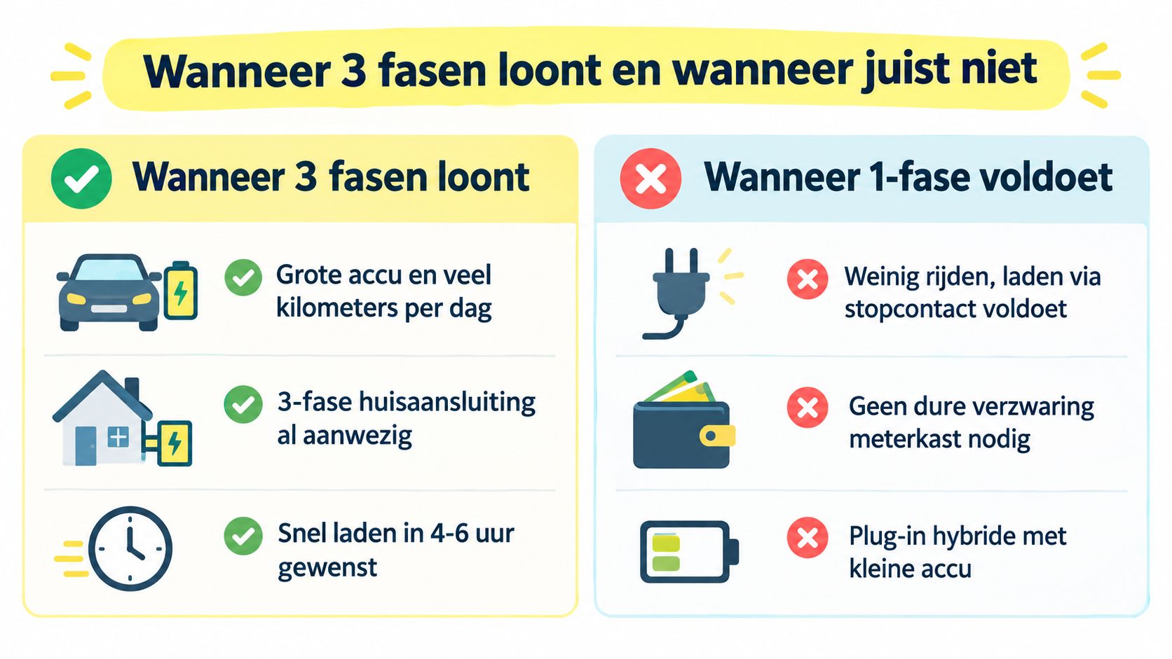 Een infographic die toont wanneer het kiezen voor een 3-fasen laadpaal loont en wanneer 1-fase voldoende is.