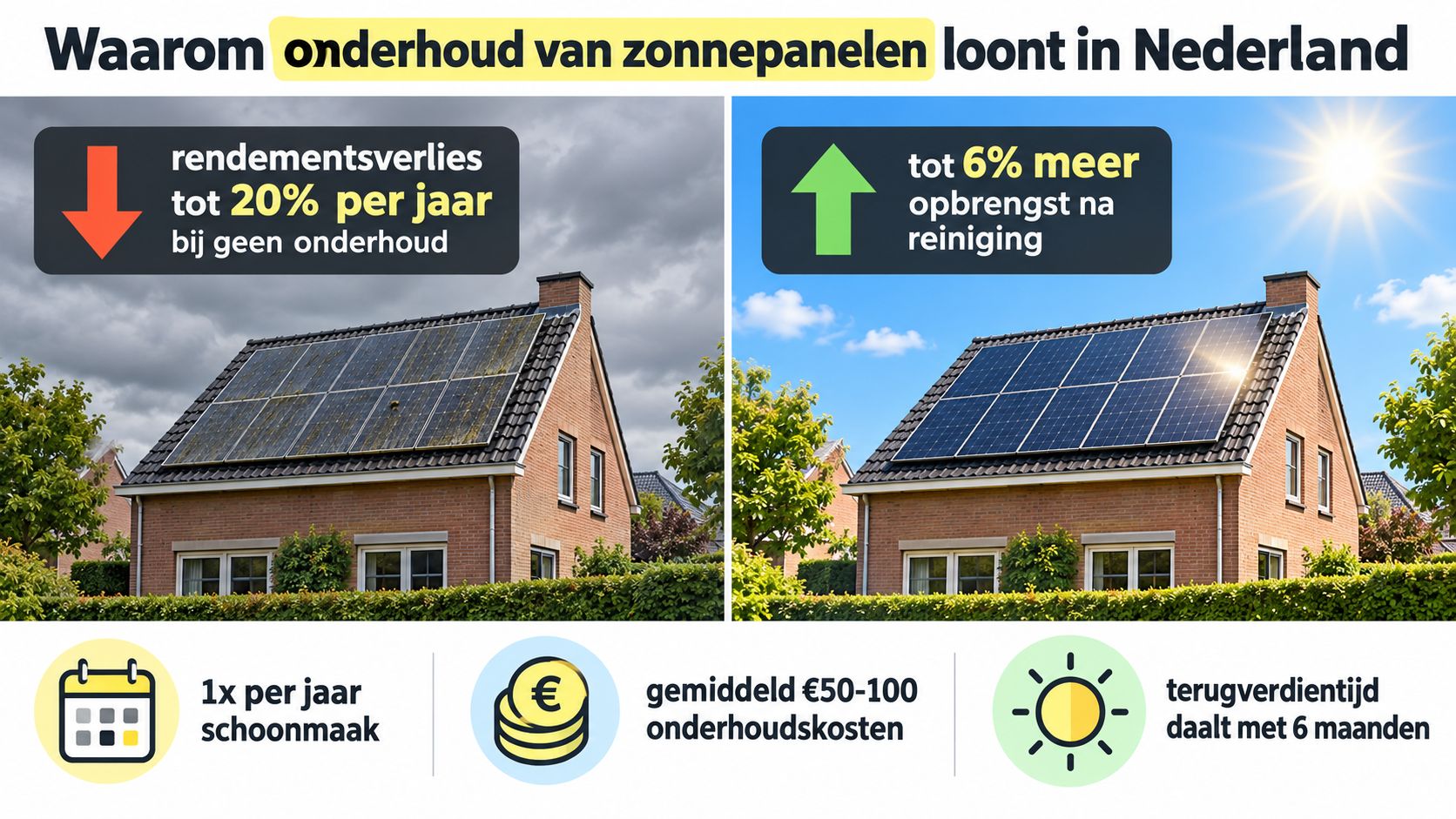 Een infographic die toont hoe het onderhoud van zonnepanelen de efficiëntie en opbrengst in Nederland verbetert.