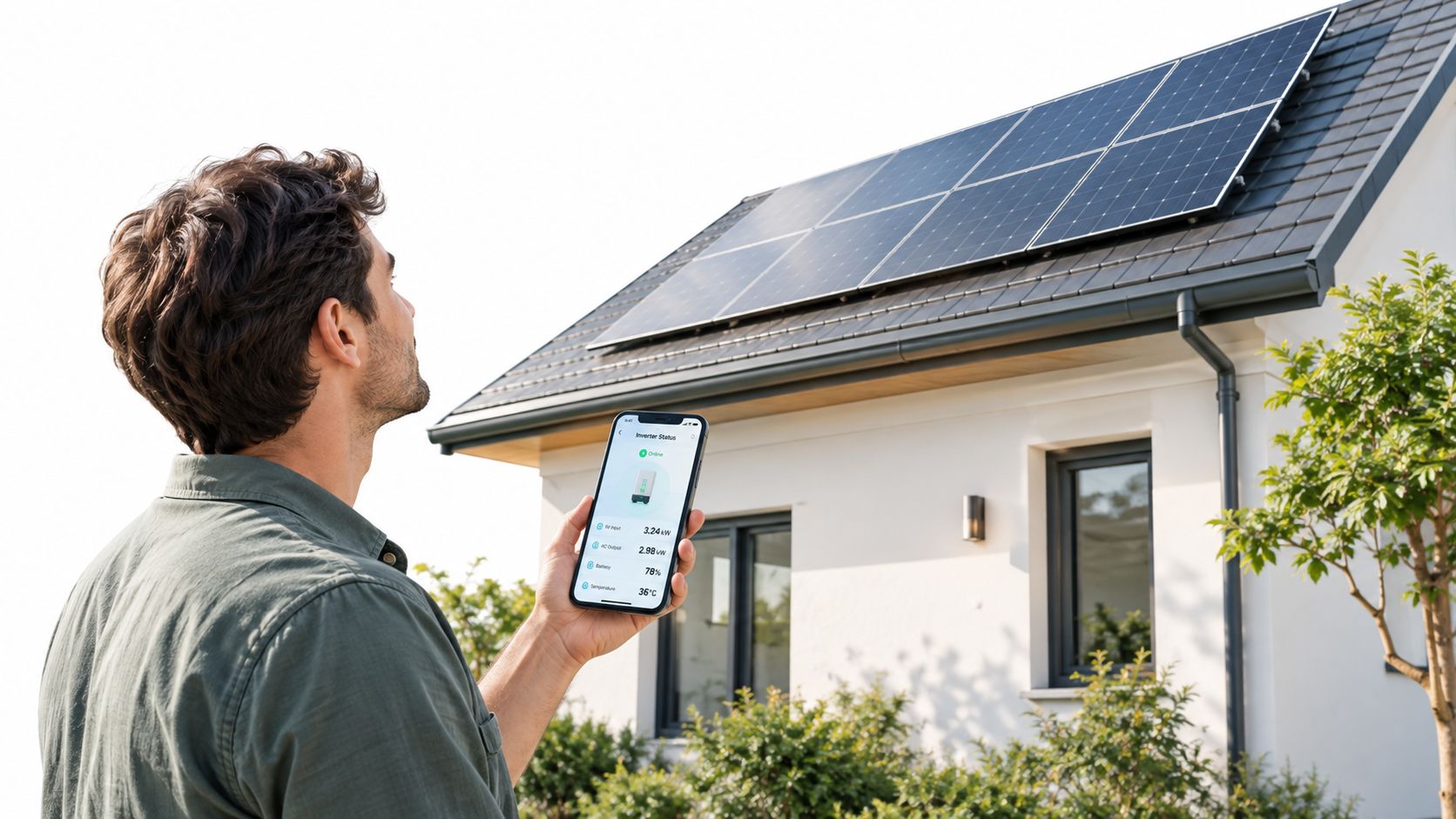 Een man bekijkt de status van zijn zonnepanelen op het dak via een app op zijn smartphone.