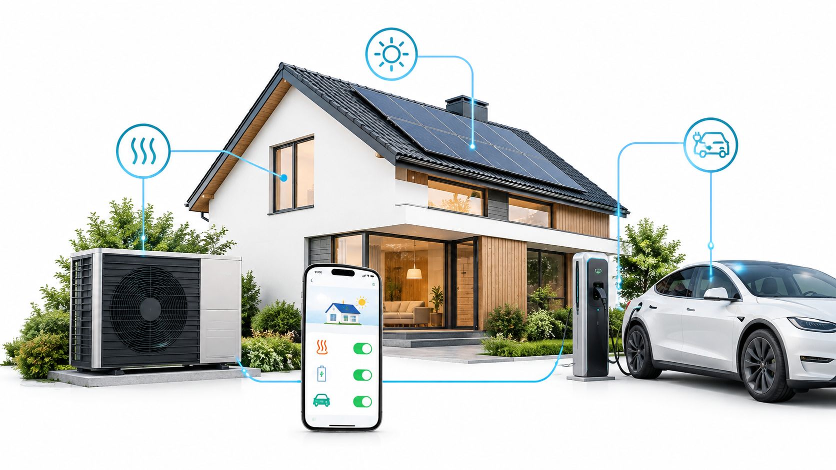 Een modern slim huis met zonnepanelen, warmtepomp, laadpaal voor elektrische auto en bediening via een smartphone.