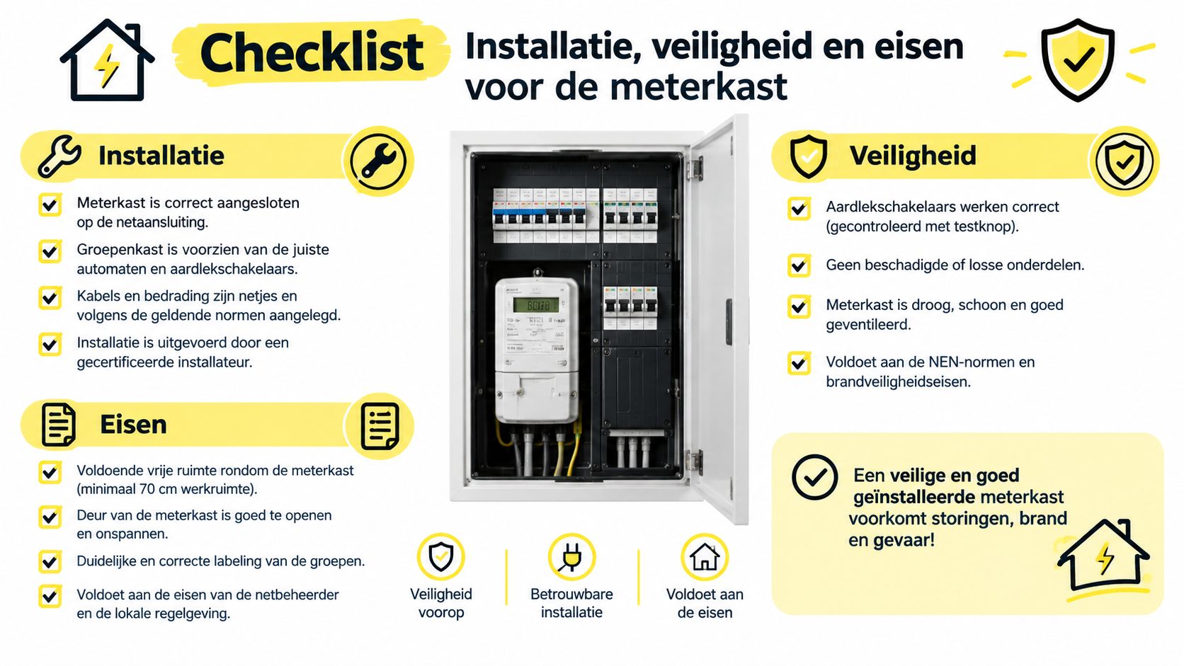 Een informatieve checklist voor de installatie, veiligheid en eisen van een moderne elektrische meterkast in huis.