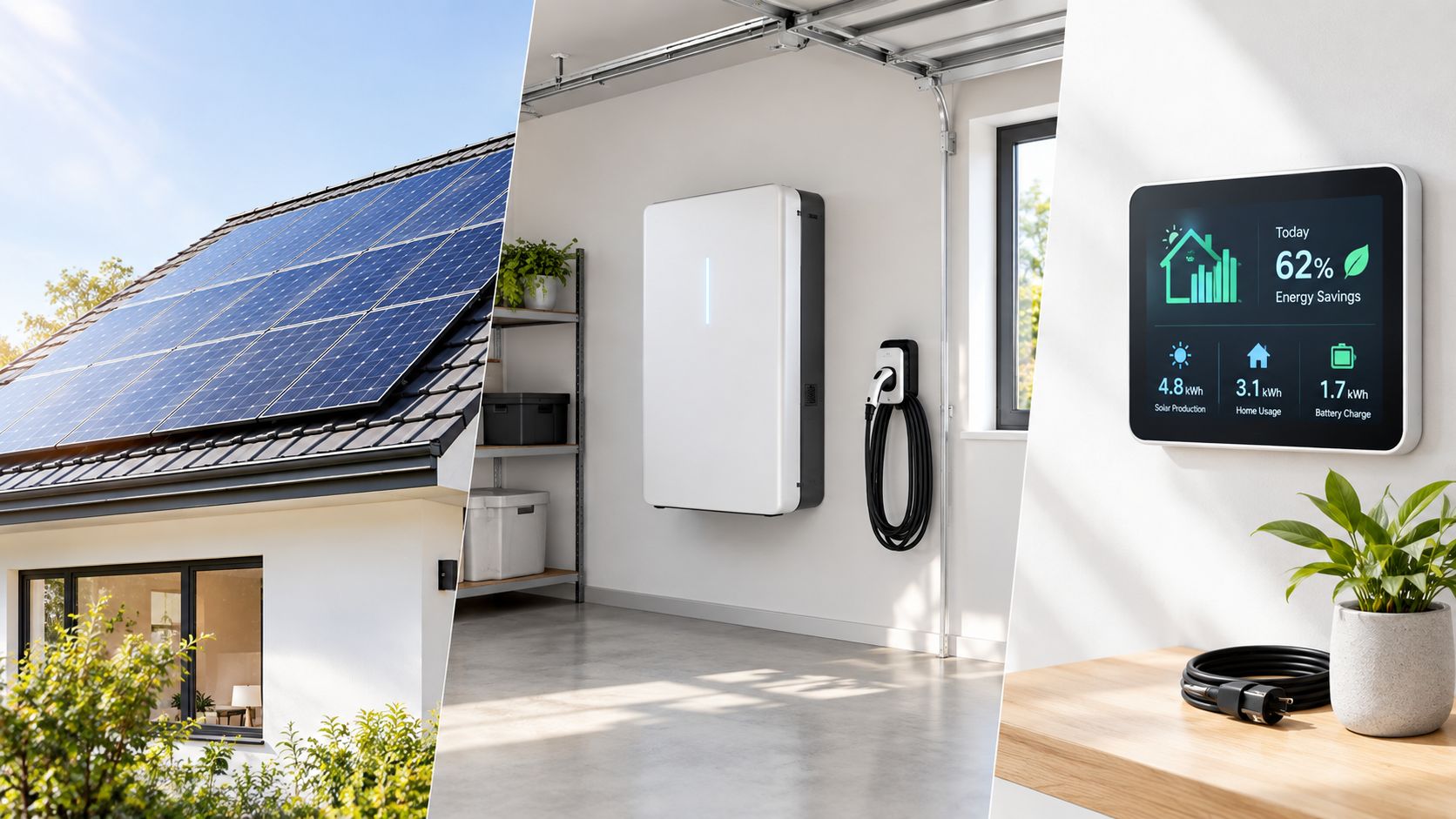 Een huis met zonnepanelen, een thuisbatterij in de garage en een slimme energiemonitor op de muur.