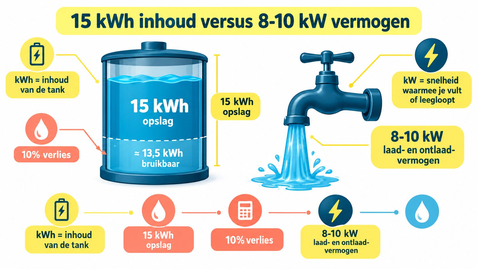 Een infographic die het verschil uitlegt tussen 15 kWh opslagcapaciteit en 8-10 kW vermogen van een thuisbatterij.