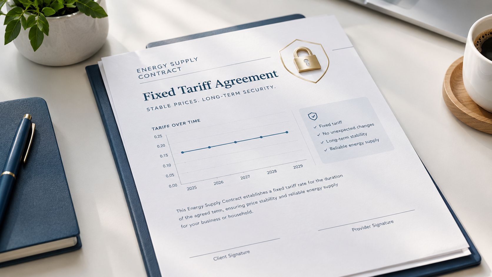 Een document met de titel Fixed Tariff Agreement dat stabiele energieprijzen en langdurige zekerheid toont.