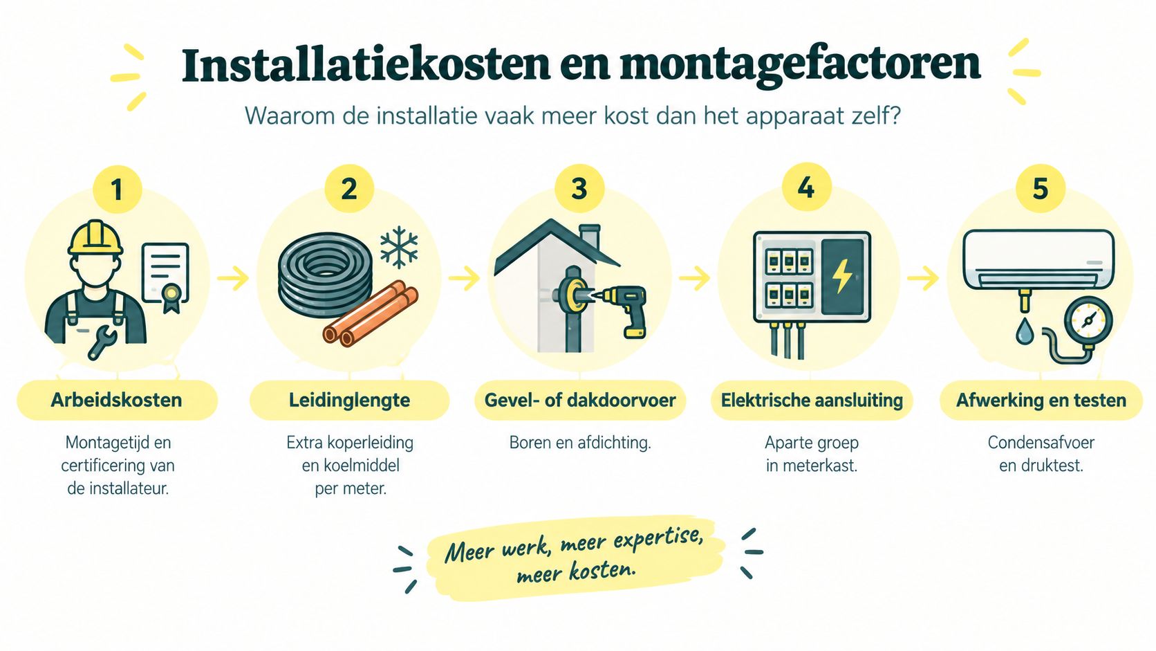 Een overzicht van vijf factoren die de installatiekosten van een vaste airco bepalen voor woningen.