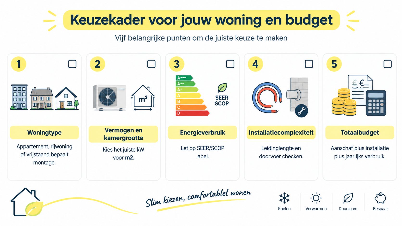 Een infographic met vijf belangrijke punten voor het kiezen van de juiste vaste airconditioning voor woningen.