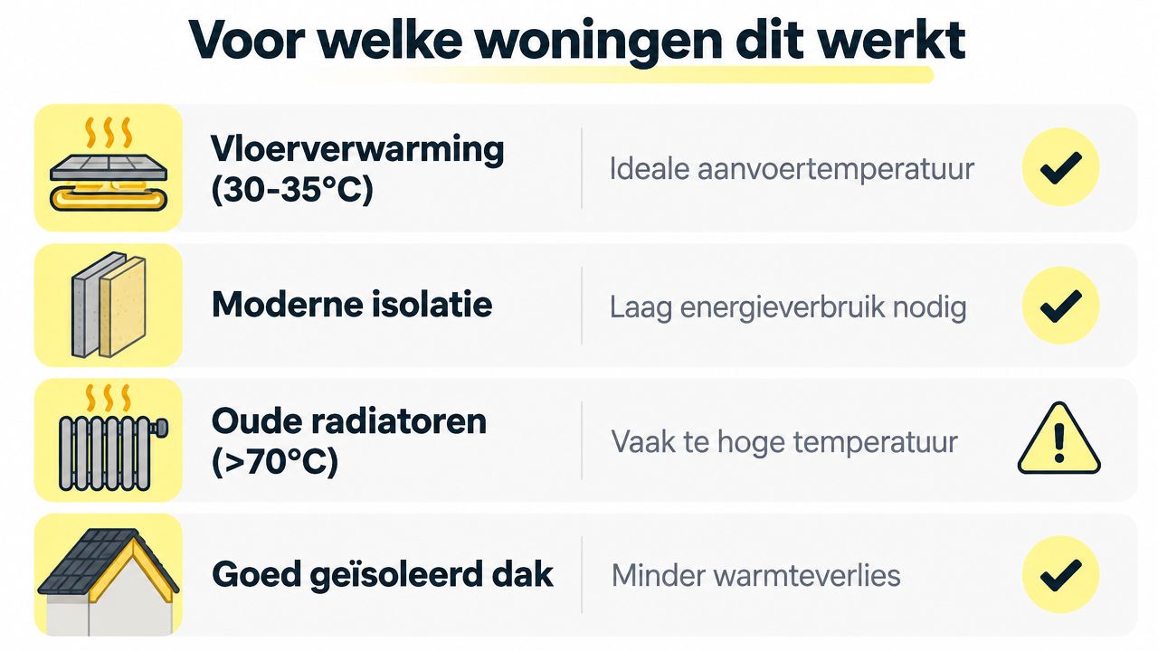 Infographic over voorwaarden voor woningen bij gebruik van een warmtepomp, inclusief isolatie, daktype en verwarmingssystemen.