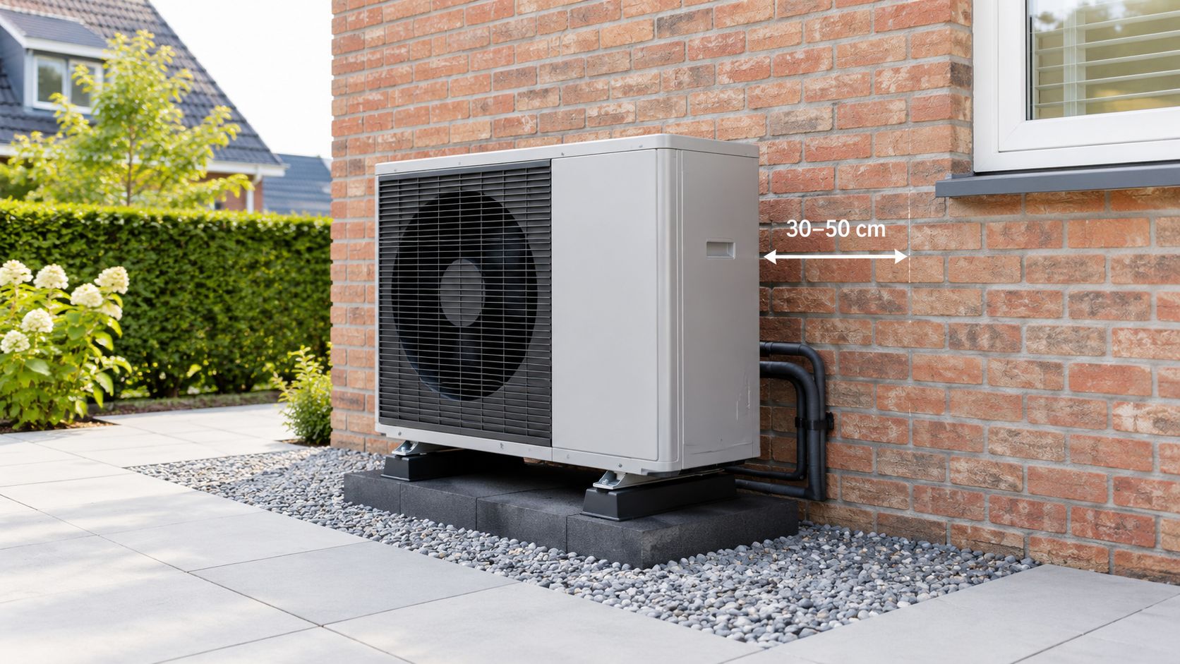 Een buitenunit van een lucht-water warmtepomp staat op een stenen voetstuk voor een bakstenen muur buiten.