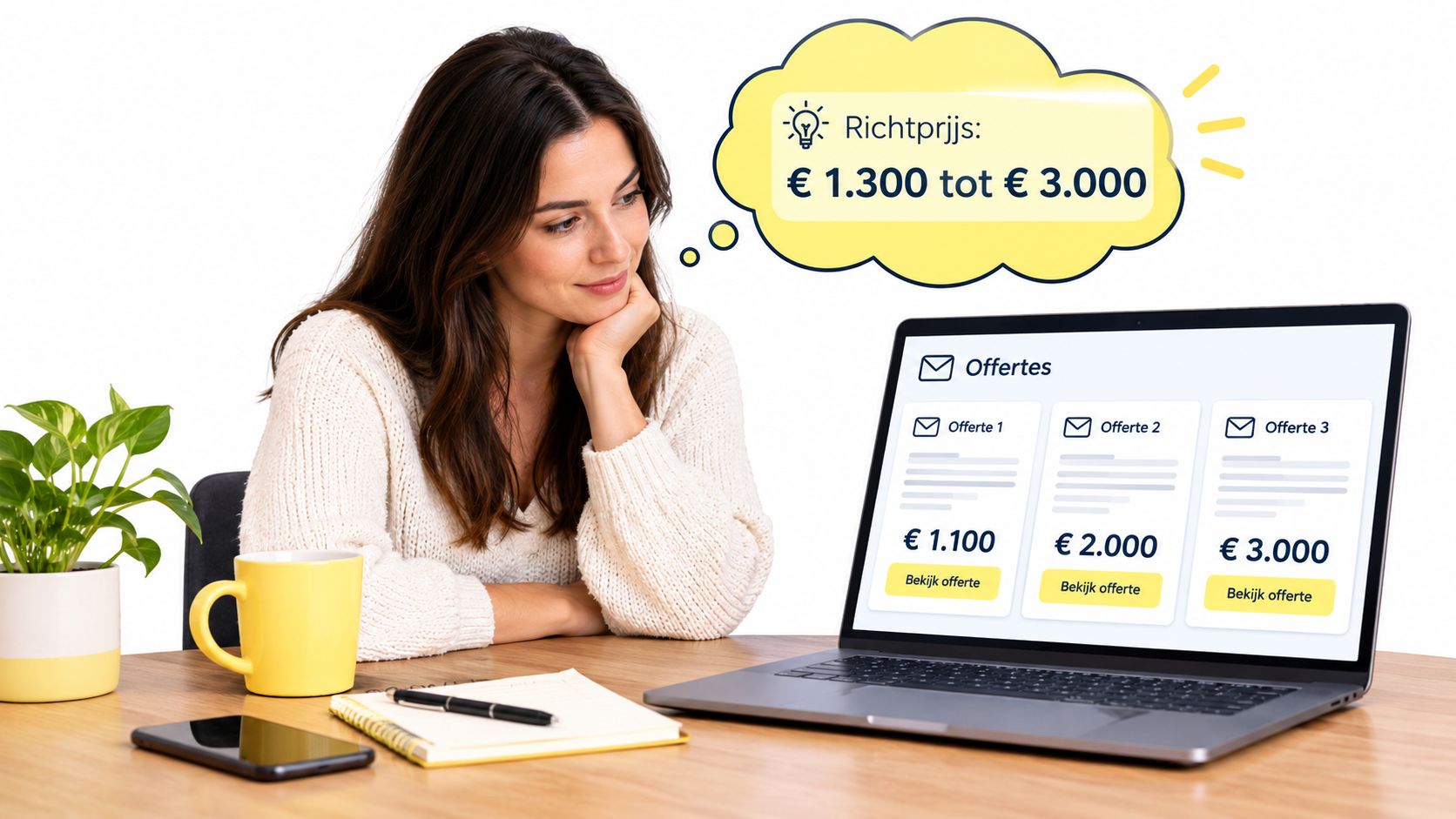 Een vrouw achter een laptop die offertes voor een laadpaal thuis vergelijkt met een geschatte prijsindicatie.
