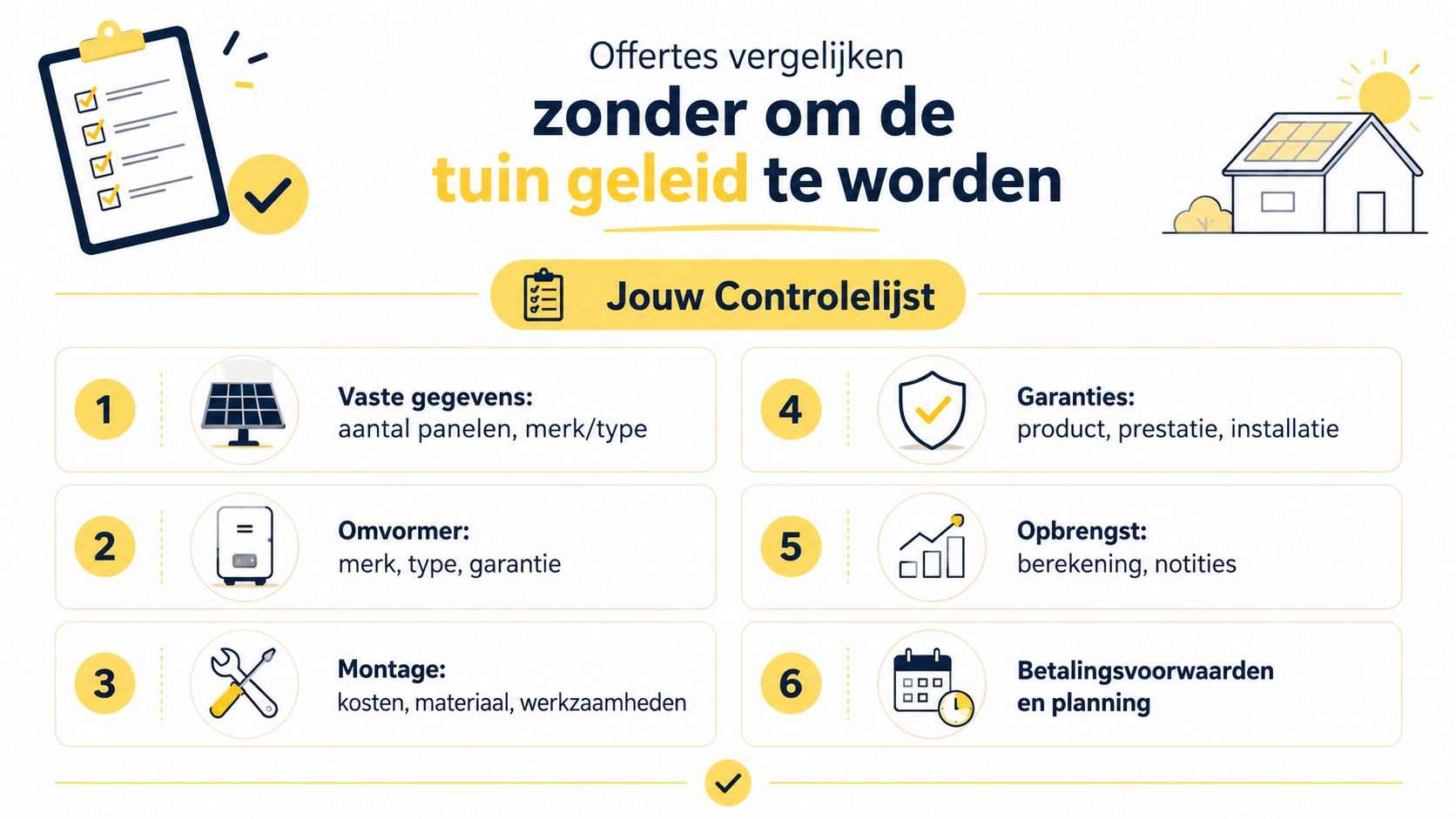 Een overzichtelijke checklist voor het vergelijken van offertes voor zonnepanelen, inclusief technische gegevens, garanties en kosten.