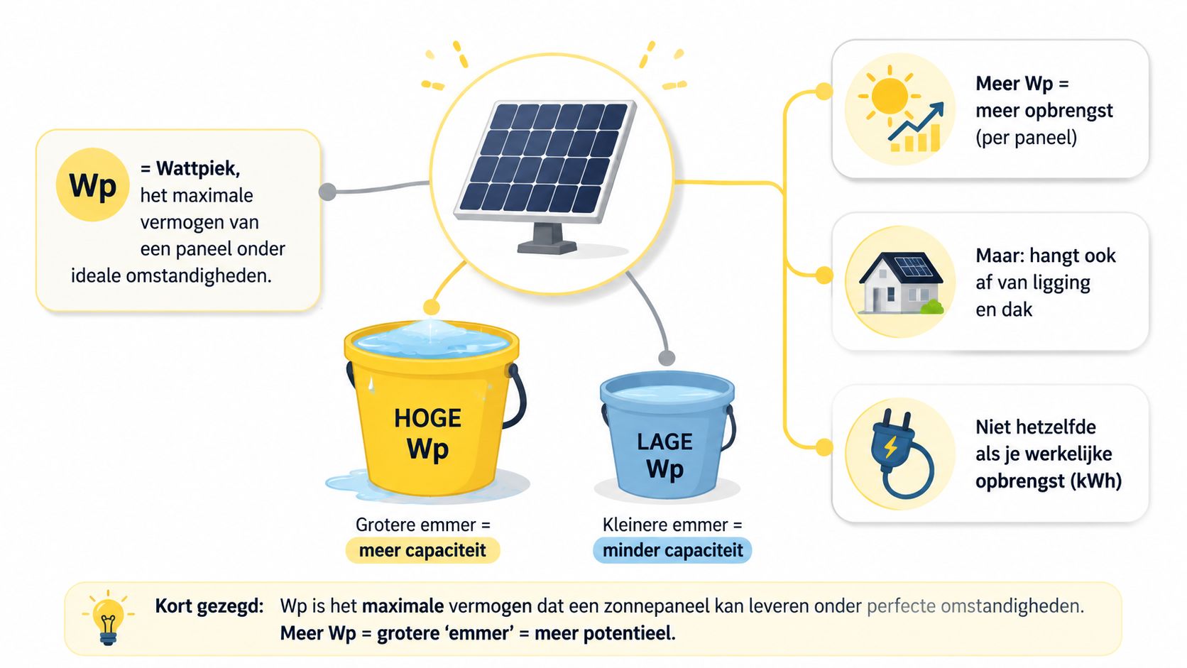 Een infographic die uitlegt wat Wattpiek (Wp) voor zonnepanelen betekent met een emmer-vergelijking voor capaciteit.