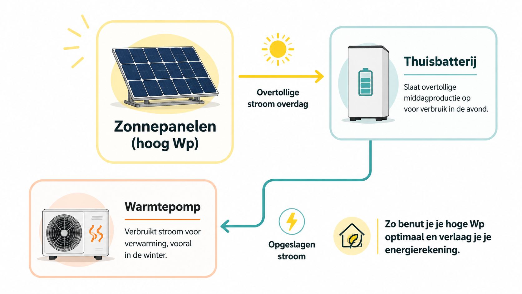 Schema toont hoe zonnepanelen, een thuisbatterij en een warmtepomp samen zorgen voor optimaal energieverbruik in huis.
