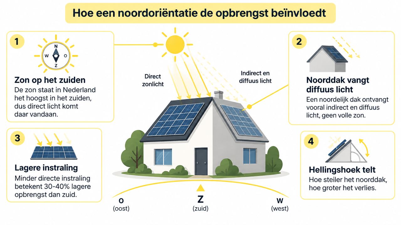 Een informatieve afbeelding die uitlegt hoe zonnepanelen op een noordgericht dak minder energie opbrengen door indirect zonlicht.