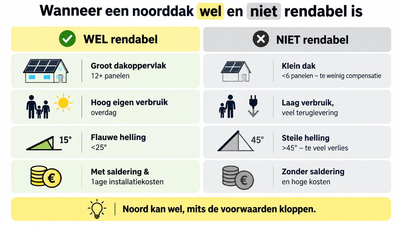 Een infographic die toont wanneer zonnepanelen op een noorddak wel of niet rendabel zijn voor huiseigenaren.