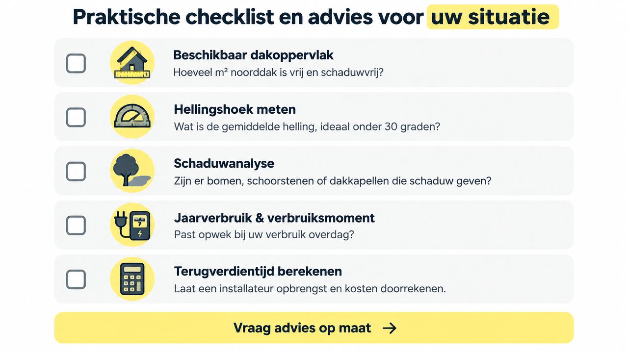 Een informatieve checklist met vijf belangrijke stappen voor het plaatsen van zonnepanelen op een noordgericht dak.